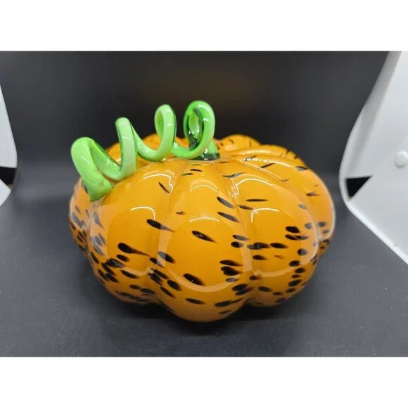ART GLASS HAND BLOWN PUMPKIN LONG CURLY STEM HALLOWEEN FALL AUTUMN DECOR 7” - Picture 3 of 11